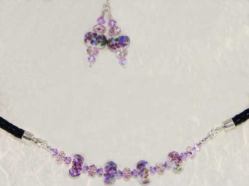 Monet&#39;s Garden Lampwork Beaded Necklace and Earring Set with Leather and Crystals
