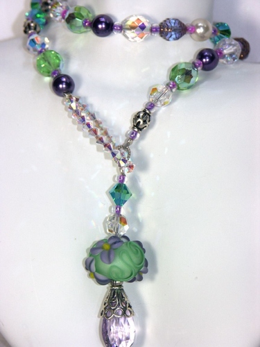 ~Flirting with Spring~ Lampwork Bead, Pink Amethyst Gemstone, Czech Bead, Glass Pearl, Crystal Necklace