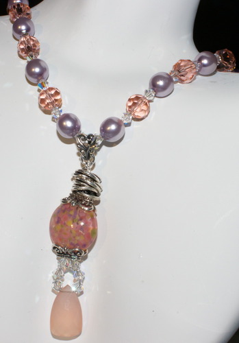 Chalcedony Gemstone, Glass Pearl,  and Lampwork Beaded Necklace