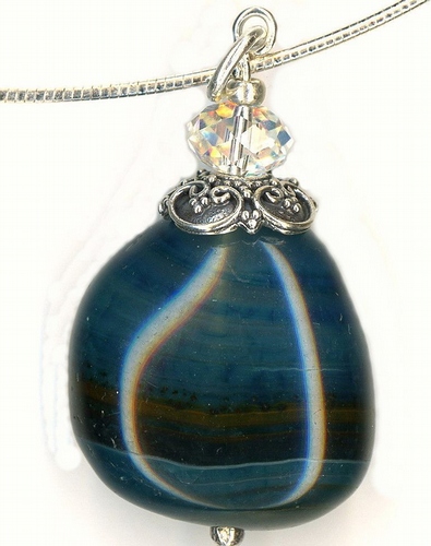 Blue Agate Nugget Gemstone Necklace with Swarovski Crystal and Sterling Silver