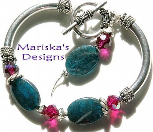 Blue Apatite Bracelet with Fuchsia Swarovski Crystal and Curve Tube Sterling Silver Bead
