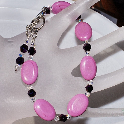 Chalk Raspberry Pink Turquoise Oval Gemstones and Faceted Crystal Bracelet
