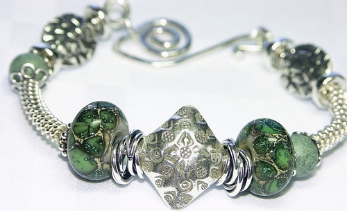 Chunky Bangle Bracelet Thai Silver Focal with Green Lampwork Bead Bangle Bracelet