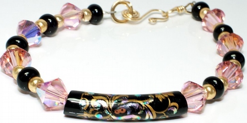 Tensha Curve Tube Bead Focal, Swarovski Crystal, &amp; Onyx Bracelet with Gold-Filled Wire Clasp
