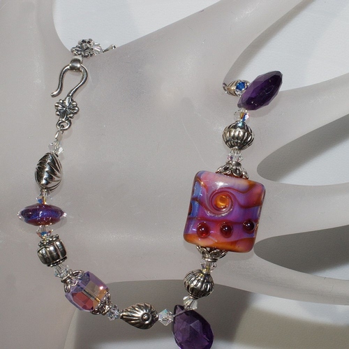 Calypso at Sunset~ Bracelet: Amethyst Briolette, Lampwork Beaded, Crystal and Silver