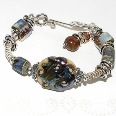 River&#39;s Swirls~ Chunky Lampwork Bead Bangle Bracelet with Silver