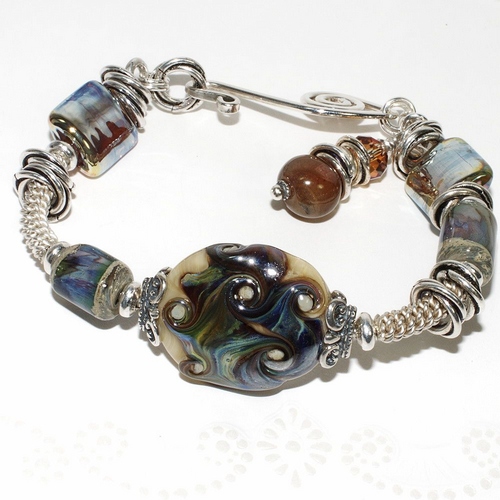 River&#39;s Swirls~ Chunky Lampwork Bead Bangle Bracelet with Silver