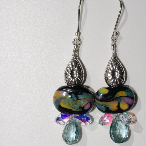 Fluorite Gemstone, Black Lentil Lampwork Bead, and Crystal Earrings
