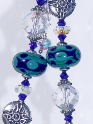 Teal &amp; Cobalt Lampwork Glass Beads with Bali Silver Beads &amp; Vintage Swarovski Crystal, Adjustable length