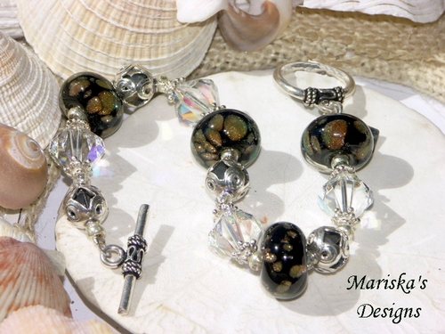 &quot;Fairy Dust&quot; Lampwork Beaded Bracelet with 12 mm Swarovski Crystals and Bali Beads