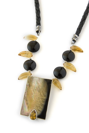 Hawaiian Shell Necklace &amp; Earring set with Citrine and Onyx gemstones