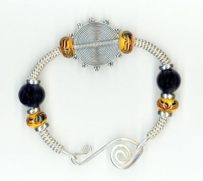 Bangle Bracelet with Yellow &amp; Black Lampwork Glass Beads