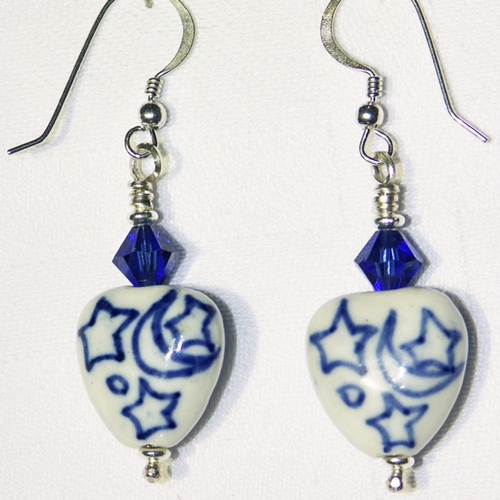 SOLD Porcelain Heart Earrings - Moon and Stars