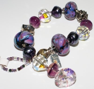 Button Bracelet with Lampwork Bead, Rainbow Fluorite, Freshwater Pearl.
