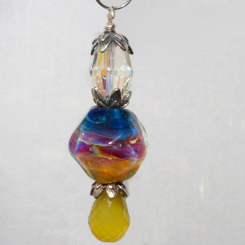 Olive Calcedony Gemstone Briolette, Lampwork Bead and Swarovski Crystal Earrings