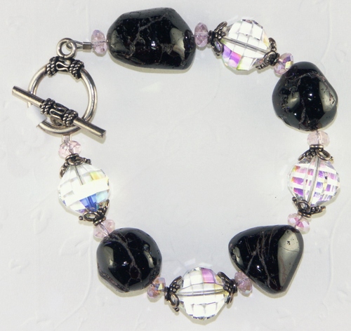 Black Nugget, Vintage Swarovski Crystal and Pink Czech Beaded Bracelet