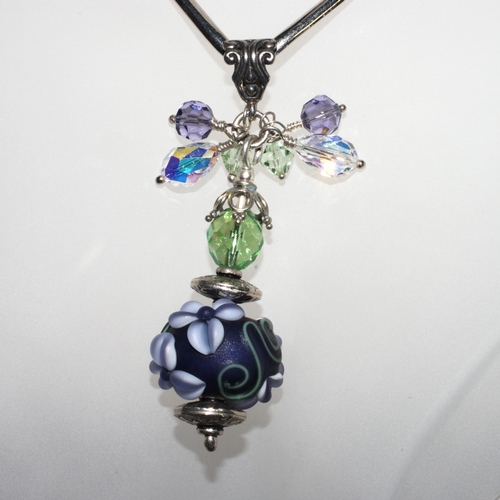 Purple Flower Lampwork Glass Bead and Swarovski Crystal Pendant
