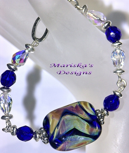 Cobalt Raku Lampwork Glass Bead, Czech Beads and Swarovski Crystals Bracelet