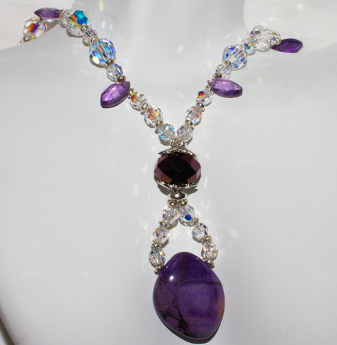 SOLD Sugilite and Amethyst Necklace with Swarovski Crystals, and Fancy Clasp