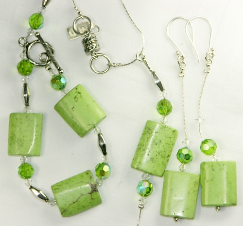 Lime Green Chalk Turquoise Stone and Crystal Set: Bracelet, Earrings Necklace