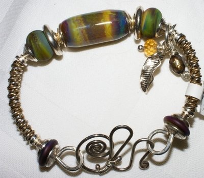 Chunky Sterling Silver Bangle Bracelet with Colorful Lampwork Beads ~Organic~