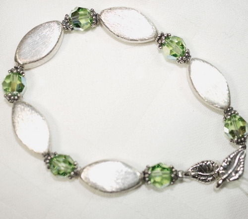 Large Size Brushed Silver Bead and Peridot Swarovski Crystal Bracelet