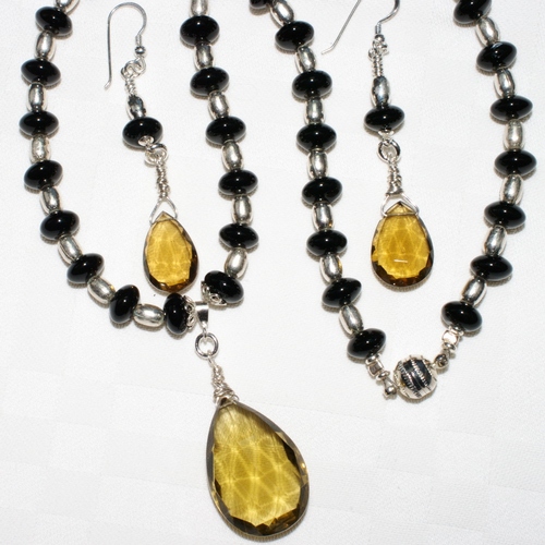 Necklace and Earring Set: Beer Colored Quartz, Onyx &amp; Silver