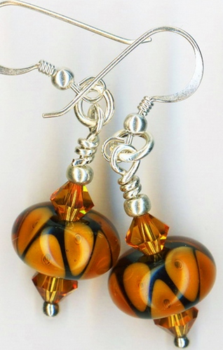 Amber Glow Lampwork Glass Beaded Earrings with Swarovski Crystals