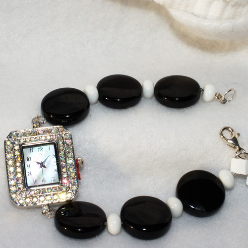 Black, White &amp; Bling Beaded Rhinestone Watch: Onyx &amp; Agate Gem