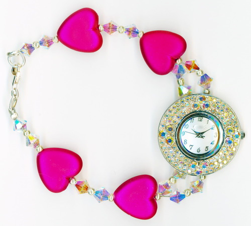 Hot Pink Hearts and Rhinestone &quot;Bling Time&quot; Watch-fits 7 3/4 inch Wrist