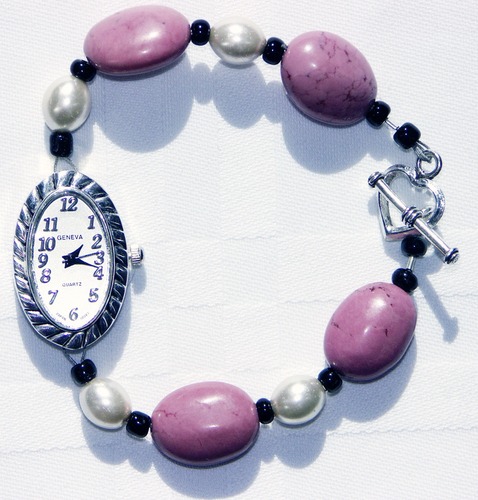 Handmade Beaded Bracelet Watch: Chalk Pink Turquoise Ovals with Glass Pearl and Heart Toggle Clasp