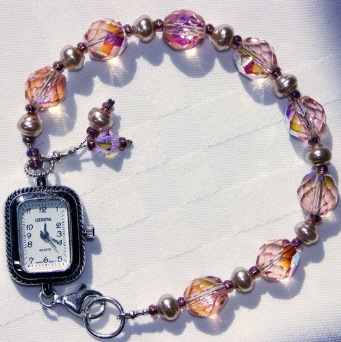 Rosaline Czech Crystal &amp; Glass Pearl Bracelet Style Watch