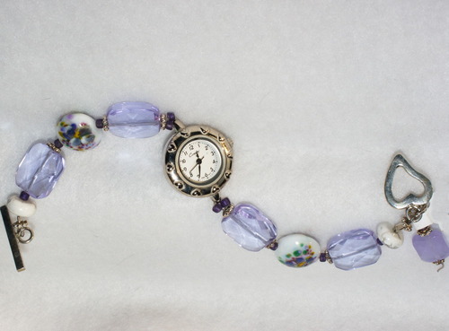 Lampwork ~Monet&#39;s Garden~ Beaded Bracelet Geneva Watch with Sterling Silver Plated Face