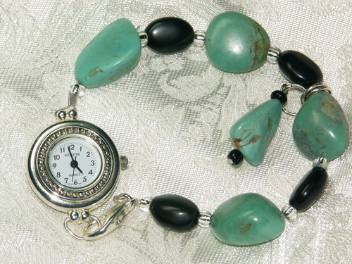 Turquoise and Obsidian Bracelet Watch