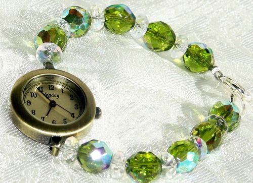 Legacy Beaded Bracelet Style Watch: Olivine Czech Bead with Lobster Claw Clasp
