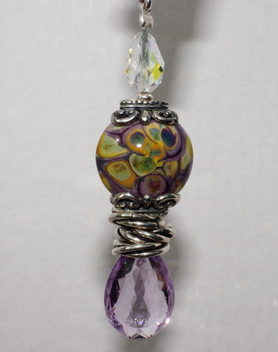 Pink Amethyst, Swarovski Crystal, &amp; Purple Raku Lampwork Lentil Pendant ~Peacock Feathers~