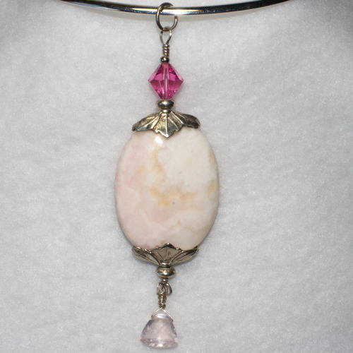 Rose Quartz Gemstone with Swarovski Crystal Pendant on Sterling Silver Wire