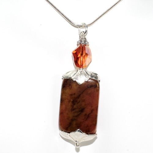 Autumn Leaves- Moukalite Jasper Gemstone Pendant with Silver and Swarovski Crystal
