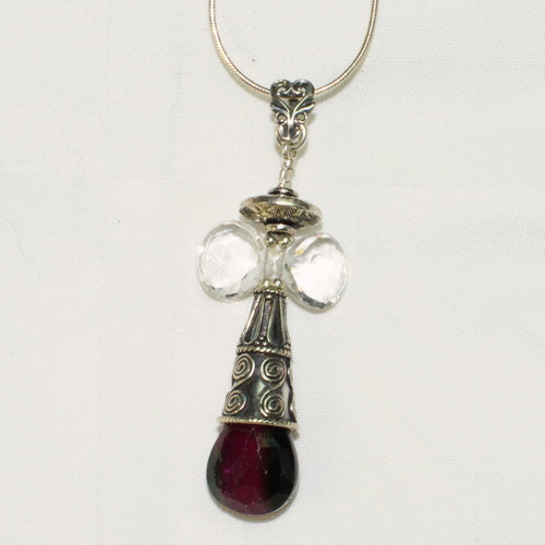 Watermelon Tourmaline &amp; Crystal Quartz Pendant with Bali Silver Beads