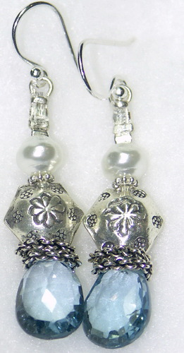 London Blue Topaz Earrings with Bali Bead and Glass Pearl