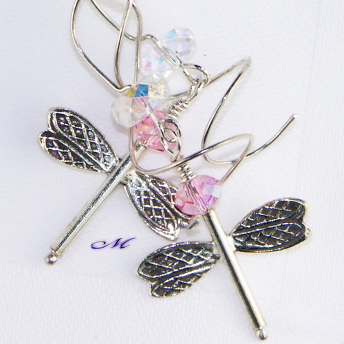 Dragonfly Earrings with Swarovski Crystals and Sterling Silver, Curly Q, Corkscrew Style