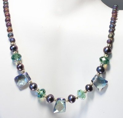 Mystic Topaz Beaded Necklace with Pearls, Swarovski Crystals and Japanese Glass Beads