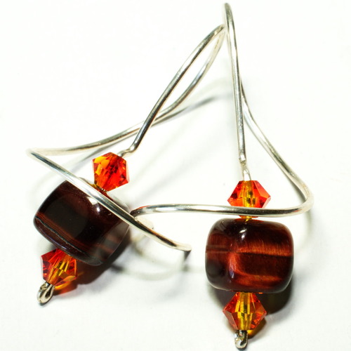 Tigers Eye Gemstone Curly Q Earrings with Swarovski Crystals