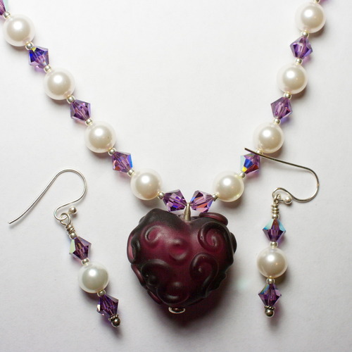 Purple Lampwork Heart Shaped Bead Necklace and Earring Set