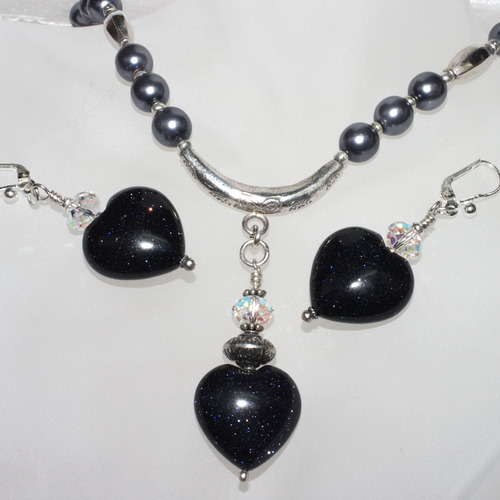 Blue Stone Hearts Necklace and Earring Set