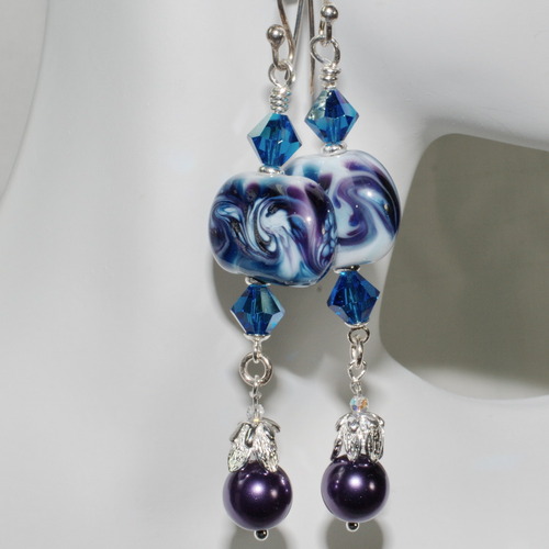 Purple and Blue Long Dangle Earrings with Lampwork Beads, Pearls, and Crystals