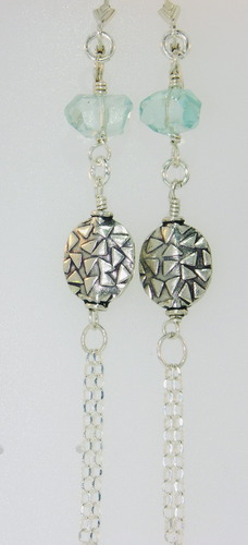 Aquamarine Nugget and Multi Silver Long Dangle Earrings