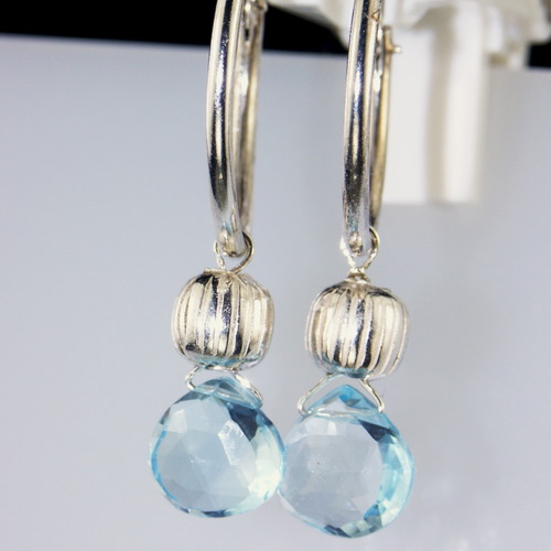 Swiss Blue Topaz Gemstones on Sterling Silver Hoops