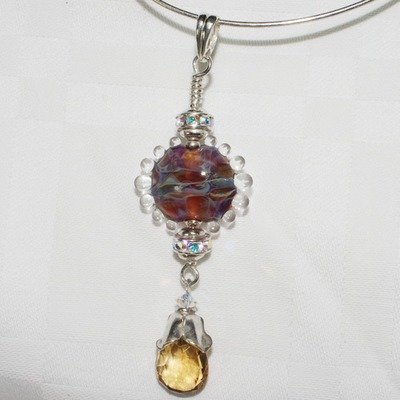 Honey Quartz Gemstone Necklace with Lampwork Bead and Bali Silver