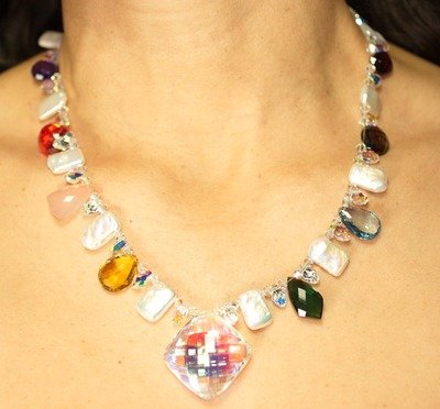 Multi Gemstone Necklace; Fresh Water Pearls, Quartz, Chalcedony, Amethyst, Topaz, Cubic Zirconia
